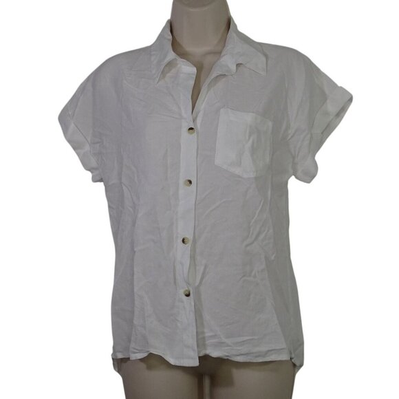 Sim and Sam White Button Up Shirt Women Size S Short Sleeve Collared Pocket - Picture 1 of 8
